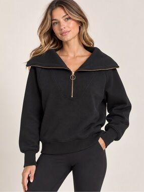 Varley Vine Half Zip Pullover XS Black Ottoman Gold Zip Oversized Collar Sweater